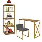 Kit Escritório Bex 1 Cadeira Suede Cinza com 1 Mesa e 1 Livreiro Ferro Dourado MDF Demolição - Ahazzo Móveis