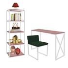 Kit Escritório Bex 1 Cadeira Suede Verde com 1 Mesa e 1 Livreiro Ferro Branco MDF Rose Rosa - Ahazzo Móveis