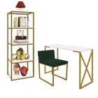 Kit Escritório Bex 1 Cadeira Suede Verde com 1 Mesa e 1 Livreiro Ferro Dourado MDF Branco - Ahazzo Móveis