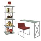 Kit Escritório Bex 1 Cadeira Suede Vermelho com 1 Mesa e 1 Livreiro Ferro Cinza MDF Verde Oliva - Ahazzo Móveis