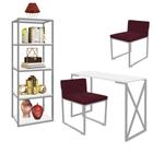 Kit Escritório Bex 2 Cadeiras Suede Bordô com 1 Mesa e 1 Livreiro Ferro Cinza MDF Branco - Ahazzo Móveis