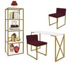 Kit Escritório Bex 2 Cadeiras Suede Bordô com 1 Mesa e 1 Livreiro Ferro Dourado MDF Branco - Ahazzo Móveis