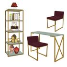 Kit Escritório Bex 2 Cadeiras Suede Bordô com 1 Mesa e 1 Livreiro Ferro Dourado MDF Verde Oliva - Ahazzo Móveis