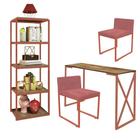 Kit Escritório Bex 2 Cadeiras Suede Rose com 1 Mesa e 1 Livreiro Ferro Bronze MDF Freijó - Ahazzo Móveis