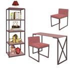 Kit Escritório Bex 2 Cadeiras Suede Rose com 1 Mesa e 1 Livreiro Ferro Marrom MDF Rose Rosa - Ahazzo Móveis