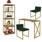 Kit Escritório Bex 2 Cadeiras Suede Verde com 1 Mesa e 1 Livreiro Ferro Dourado MDF Imbuia - Ahazzo Móveis