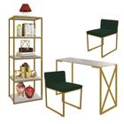 Kit Escritório Bex 2 Cadeiras Suede Verde com 1 Mesa e 1 Livreiro Ferro Dourado MDF Marmorizado Cinza - Ahazzo Móveis