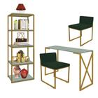 Kit Escritório Bex 2 Cadeiras Suede Verde com 1 Mesa e 1 Livreiro Ferro Dourado MDF Verde Oliva - Ahazzo Móveis