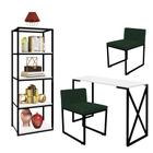 Kit Escritório Bex 2 Cadeiras Suede Verde com 1 Mesa e 1 Livreiro Ferro Preto MDF Branco - Ahazzo Móveis