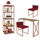 Kit Escritório Bex 2 Cadeiras Suede Vermelho com 1 Mesa e 1 Livreiro Ferro Bronze MDF Imbuia - Ahazzo Móveis