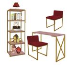 Kit Escritório Bex 2 Cadeiras Suede Vermelho com 1 Mesa e 1 Livreiro Ferro Dourado MDF Rose Rosa - Ahazzo Móveis