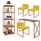 Kit Escritório Bex 3 Cadeiras Suede Amarelo com 1 Mesa e 1 Livreiro Ferro Bronze MDF Imbuia - Ahazzo Móveis