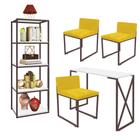 Kit Escritório Bex 3 Cadeiras Suede Amarelo com 1 Mesa e 1 Livreiro Ferro Marrom MDF Branco - Ahazzo Móveis