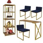 Kit Escritório Bex 3 Cadeiras Suede Azul Marinho com 1 Mesa e 1 Livreiro Ferro Dourado MDF Caramelo - Ahazzo Móveis