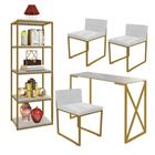 Kit Escritório Bex 3 Cadeiras Suede Branco com 1 Mesa e 1 Livreiro Ferro Dourado MDF Marmorizado Cinza - Ahazzo Móveis