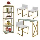 Kit Escritório Bex 3 Cadeiras Suede Branco com 1 Mesa e 1 Livreiro Ferro Dourado MDF Verde Oliva - Ahazzo Móveis