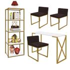 Kit Escritório Bex 3 Cadeiras Suede Marrom com 1 Mesa e 1 Livreiro Ferro Dourado MDF Branco - Ahazzo Móveis