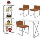 Kit Escritório Bex 3 Cadeiras Suede Terracota com 1 Mesa e 1 Livreiro Ferro Cinza MDF Branco - Ahazzo Móveis