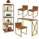 Kit Escritório Bex 3 Cadeiras Suede Terracota com 1 Mesa e 1 Livreiro Ferro Dourado MDF Imbuia - Ahazzo Móveis