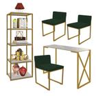 Kit Escritório Bex 3 Cadeiras Suede Verde com 1 Mesa e 1 Livreiro Ferro Dourado MDF Marmorizado Cinza - Ahazzo Móveis