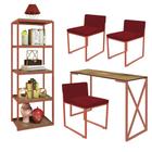 Kit Escritório Bex 3 Cadeiras Suede Vermelho com 1 Mesa e 1 Livreiro Ferro Bronze MDF Caramelo - Ahazzo Móveis