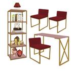 Kit Escritório Bex 3 Cadeiras Suede Vermelho com 1 Mesa e 1 Livreiro Ferro Dourado MDF Rose Rosa - Ahazzo Móveis