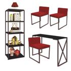 Kit Escritório Bex 3 Cadeiras Suede Vermelho com 1 Mesa e 1 Livreiro Ferro Marrom MDF Preto - Ahazzo Móveis