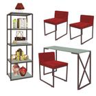 Kit Escritório Bex 3 Cadeiras Suede Vermelho com 1 Mesa e 1 Livreiro Ferro Marrom MDF Verde Oliva - Ahazzo Móveis