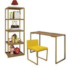 Kit Escritório Ravi 1 Cadeira Suede Amarelo com 1 Mesa e 1 Livreiro Ferro Dourado MDF Caramelo - Ahazzo Móveis