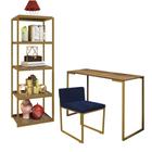 Kit Escritório Ravi 1 Cadeira Suede Azul Marinho com 1 Mesa e 1 Livreiro Ferro Dourado MDF Rústico - Ahazzo Móveis