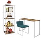 Kit Escritório Ravi 1 Cadeira Suede Azul Turquesa com 1 Mesa e 1 Livreiro Ferro Branco MDF Rústico - Ahazzo Móveis