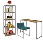 Kit Escritório Ravi 1 Cadeira Suede Azul Turquesa com 1 Mesa e 1 Livreiro Ferro Cinza MDF Imbuia - Ahazzo Móveis