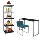 Kit Escritório Ravi 1 Cadeira Suede Azul Turquesa com 1 Mesa e 1 Livreiro Ferro Cinza MDF Preto - Ahazzo Móveis