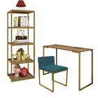 Kit Escritório Ravi 1 Cadeira Suede Azul Turquesa com 1 Mesa e 1 Livreiro Ferro Dourado MDF Freijó - Ahazzo Móveis