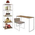 Kit Escritório Ravi 1 Cadeira Suede Bege com 1 Mesa e 1 Livreiro Ferro Branco MDF Caramelo - Ahazzo Móveis