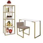 Kit Escritório Ravi 1 Cadeira Suede Bege com 1 Mesa e 1 Livreiro Ferro Dourado MDF Branco - Ahazzo Móveis