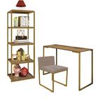 Kit Escritório Ravi 1 Cadeira Suede Bege com 1 Mesa e 1 Livreiro Ferro Dourado MDF Castanho - Ahazzo Móveis