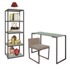 Kit Escritório Ravi 1 Cadeira Suede Bege com 1 Mesa e 1 Livreiro Ferro Marrom MDF Verde Oliva - Ahazzo Móveis