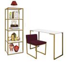 Kit Escritório Ravi 1 Cadeira Suede Bordô com 1 Mesa e 1 Livreiro Ferro Dourado MDF Branco - Ahazzo Móveis