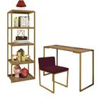 Kit Escritório Ravi 1 Cadeira Suede Bordô com 1 Mesa e 1 Livreiro Ferro Dourado MDF Demolição - Ahazzo Móveis