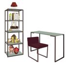 Kit Escritório Ravi 1 Cadeira Suede Bordô com 1 Mesa e 1 Livreiro Ferro Marrom MDF Verde Oliva - Ahazzo Móveis