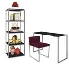 Kit Escritório Ravi 1 Cadeira Suede Bordô com 1 Mesa e 1 Livreiro Ferro Prata MDF Preto - Ahazzo Móveis