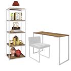 Kit Escritório Ravi 1 Cadeira Suede Branco com 1 Mesa e 1 Livreiro Ferro Branco MDF Carvalho - Ahazzo Móveis