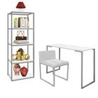 Kit Escritório Ravi 1 Cadeira Suede Branco com 1 Mesa e 1 Livreiro Ferro Cinza MDF Branco - Ahazzo Móveis