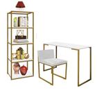 Kit Escritório Ravi 1 Cadeira Suede Branco com 1 Mesa e 1 Livreiro Ferro Dourado MDF Branco - Ahazzo Móveis