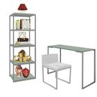 Kit Escritório Ravi 1 Cadeira Suede Branco com 1 Mesa e 1 Livreiro Ferro Prata MDF Verde Oliva - Ahazzo Móveis