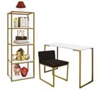 Kit Escritório Ravi 1 Cadeira Suede Marrom com 1 Mesa e 1 Livreiro Ferro Dourado MDF Branco - Ahazzo Móveis