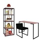 Kit Escritório Ravi 1 Cadeira Suede Preto com 1 Mesa e 1 Livreiro Ferro Preto MDF Rose Rosa - Ahazzo Móveis