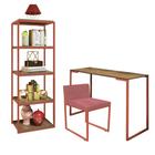 Kit Escritório Ravi 1 Cadeira Suede Rose com 1 Mesa e 1 Livreiro Ferro Bronze MDF Imbuia - Ahazzo Móveis