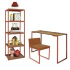 Kit Escritório Ravi 1 Cadeira Suede Terracota com 1 Mesa e 1 Livreiro Ferro Bronze MDF Demolição - Ahazzo Móveis